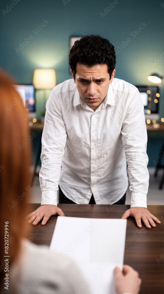 Fototapeta premium Stressed Young Businessman Leaning On Desk Looking At Document Held By HR Manager During Tense Meeting