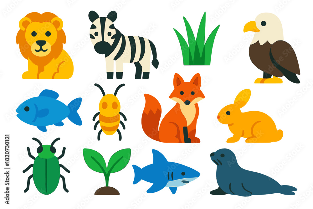 Fototapeta premium Flat Food Chain Icons. Flat vector icons of food chains: lion, zebra, grass, eagle, fish, plankton, fox, rabbit, insect, plant,