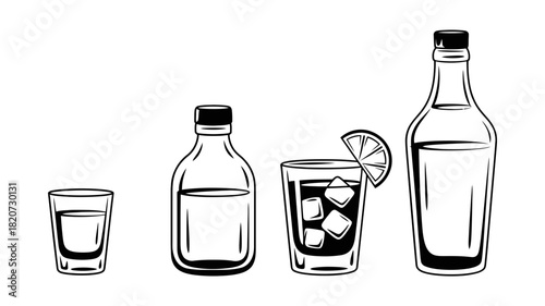 Monochromatic line art illustration set of assorted alcoholic beverage containers, including a shot glass, small flask, cocktail glass with ice and lime, and a spirit bottle