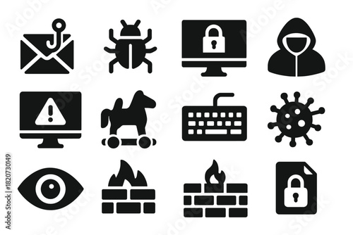 Cybercrime Icon Set. Solid style icons of cybercrime: phishing email, malware bug, ransomware lock, hacker hood, computer screen,