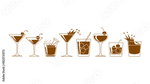 Stylish brown line art vector illustration of an assortment of classic and modern alcoholic cocktail glasses with ice and garnishes, perfect for bar menus and party invitations.
