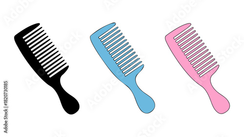 Set of three colorful hair combs in black, light blue, and pink hues, essential grooming tools for personal care, styling, and hair management in a vibrant display.