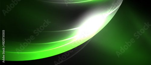 Abstract green waves, bright light source. Smooth curves create dynamic visual effect. Dark background emphasizes luminosity.
