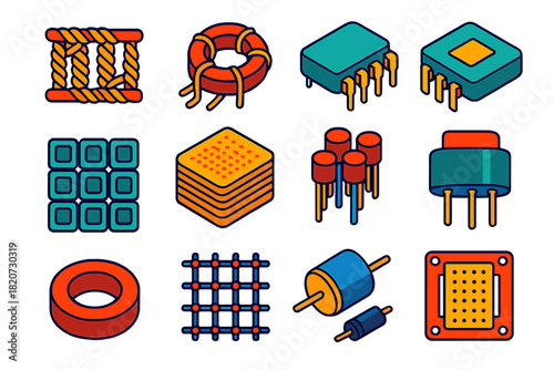 Analog Memory Icons. Isometric vector illustration set Analog Memory: woven rope memory, ring magnetic core, old chip part, binary
