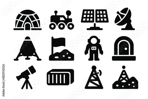 Lunar Base Icons. Solid style icons of moon bases: habitat dome, lunar rover, solar array, communication dish, landing module,