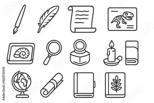 Paleontologist's Desk Icons. Line style icons of paleontologist desk: ink pen, quill, parchment, specimen card; fossil tray,
