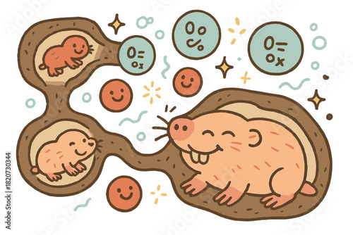 Cheerful Mole-Rats Tunnels. Cheerful doodle oxygen deprivation tolerance scene with happy mole-rats in tunnels, cartoon bubbles