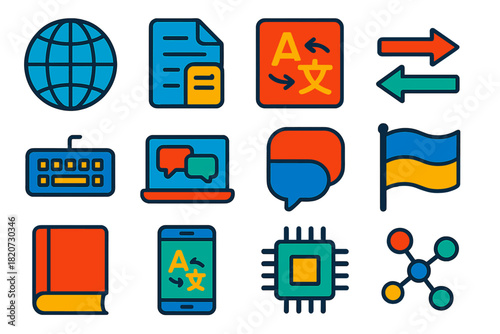 Machine Translation Icons. Flat vector icons of Machine Translation: Globe, Document, Language Icon, Arrows, Keyboard, Laptop,
