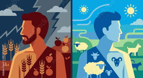 Symbolic Conflict Illustration
Cain and Abel represented as stylized flat silhouettes facing opposite directions, bold contrasting colors, a split background showing peace vs tension, 