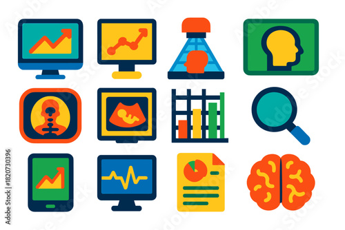 Imaging Analysis Icons. Flat vector icons of Imaging Analysis: Computer, Graph, 3D Scan, MRI Data, CT Data, Ultrasound Image,