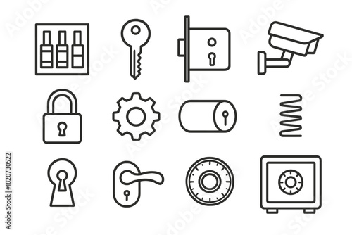 Locksmith Icons Collection. Line style icons of Locksmithing: Tumbler, Key, Lock Mechanism, Security Device; Padlock, Gear,