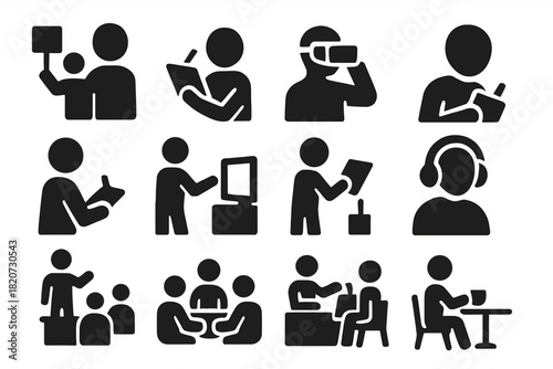 Visitor Activity Icons. Solid style icons of visitor activities: guided tour, sketching, photographing, VR experience, note-taking