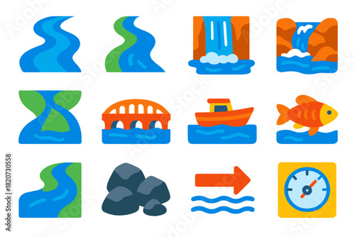 Flat River Icons. Flat vector icons of River Systems: River, Stream, Waterfall, Rapids, Delta, Bridge, Boat, Fish, Riverbank,