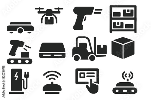 Logistics Robots Icons. Solid style icons of logistics robots: autonomous cart, warehouse drone, barcode scanner, shelving unit,