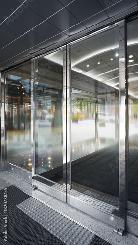 Modern automatic glass doors at commercial building entrance