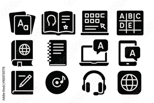 Language Learning Icons. Solid style icons of language learning materials: flashcards, storybook, grammar chart, phonics board,
