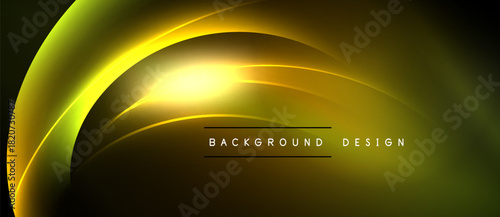 Golden neon lines create abstract waves. Bright center radiates light against dark backdrop. Text reads background design.