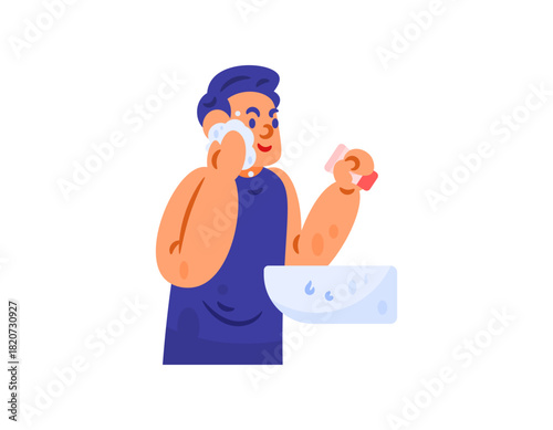 Illustration of a man using facial soap to clean his face. Washing your face. Treatment to maintain facial cleanliness and health. Flat style character design. White background