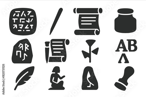 Ancient Writing Icons. Solid style icons of Ancient Writing Systems: clay tablet, reed stylus, scroll, ink pot, runestone, papyrus