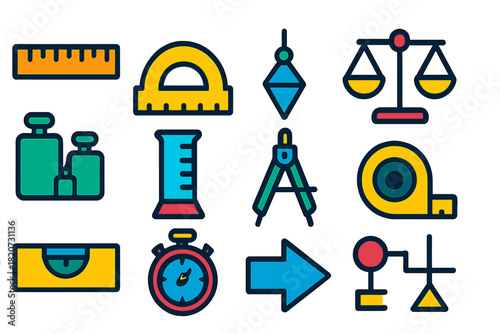 Vibrant Measuring Tools. Flat vector icons of measuring and calibration tools: ruler, protractor, plumb line, balance scale,