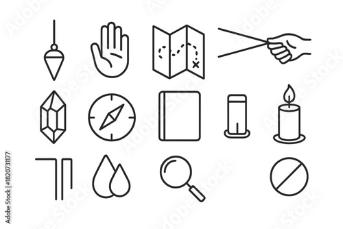 Subtle Energy Tools Icons. Line style icons of Subtle Energy Tools: Pendulum, Energy Detection, Map Dowsing, Unconventional Method