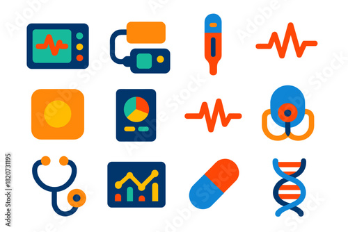 Astronaut Medical Icons. Flat vector icons of astronaut medical monitoring: ECG monitor, blood pressure cuff, thermometer, lab