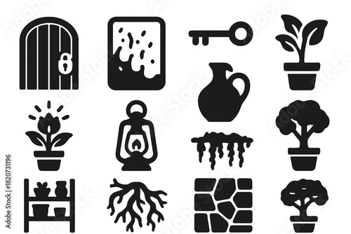 Secret Greenhouse Icons. Solid style icons of Secret Greenhouse: Locked Door, Fogged Glass, Hidden Key, Strange Plant, Glowing