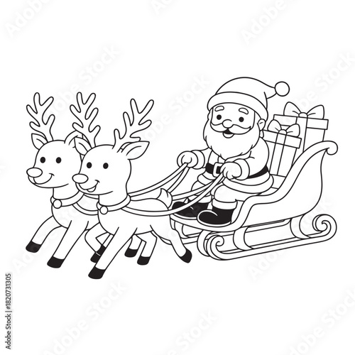 line art of santa claus on the sleigh full with presents led with 2 reindeers vector