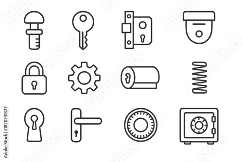 Locksmith Icons Collection. Line style icons of Locksmithing: Tumbler, Key, Lock Mechanism, Security Device; Padlock, Gear,
