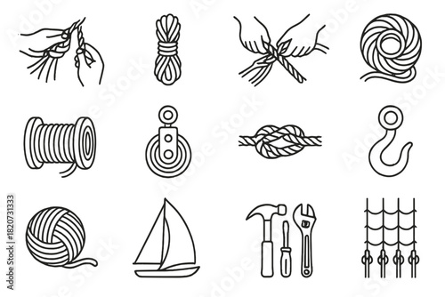Sailor Tools Icons. Line style icons of Sailor Tools: Twisting Fibers, Hemp, Sailor's Craft, Coil; Rope Spool, Pulley, Knot,