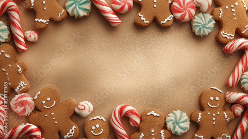 Cute gingerbread men, candy canes, and sugar cookies arranged as a border, warm bakery tones, soft lighting, empty space in the middle for writing, family-friendly adorable holiday design