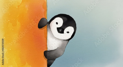 Cute penguin hiding behind orange post
