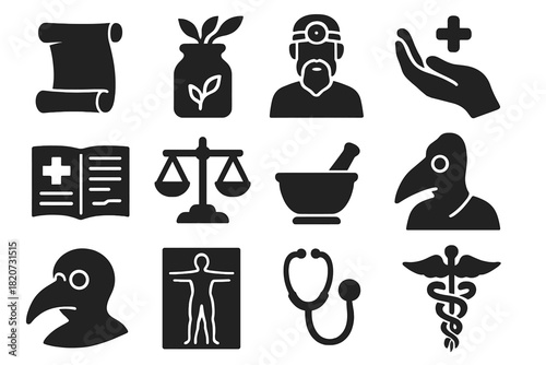 History of Medicine Icons. Solid style icons of history of medicine: ancient scroll, herbal remedy jar, physician figure, healing