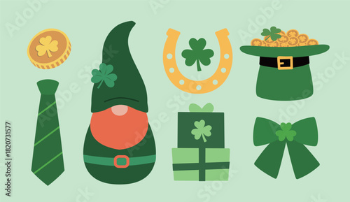 St. Patrick's Day element flat vector illustration set.
Includes gnome, clover,  leprechaun hat, gold coins, horseshoe, gift box, tie and bow tie.