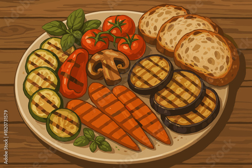 Gourmet Rustic Spread. Rustic wooden table with a gourmet assortment of grilled vegetables and artisan bread, rich natural tones,