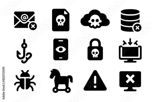 Digital Threat Icons. Solid style icons of digital threats: spam email, infected file, virus cloud, corrupted database, phishing