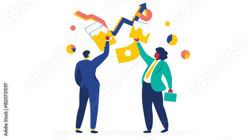 Dynamic corporate composition featuring two professionals collaborating in a modern office environment conveying teamwork and business success through vibrant colors and clear design