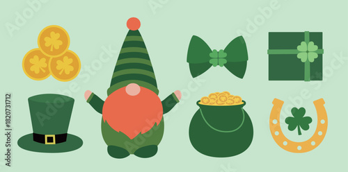 St. Patrick's Day element flat vector illustration set.
Includes gnome, clover, leprechaun hat, money pot, gold coins, horseshoes, gift box and a bow.