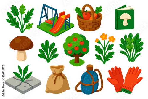 Urban Foraging Icons. Isometric vector illustration set Urban Foraging: edible herbs, city playground corner, harvest basket, ID