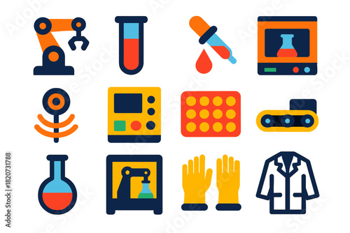Lab Robotics Icons. Flat vector icons of laboratory robotics: robotic arm, test tube, pipette, incubator, sensor, control panel,
