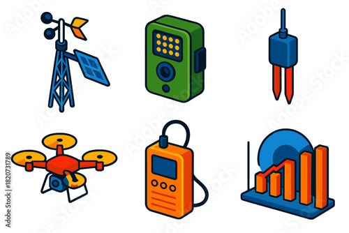 Ecosystem Monitoring Tools. Isometric vector illustration set Ecosystem Monitoring: weather station pole, camera trap, soil