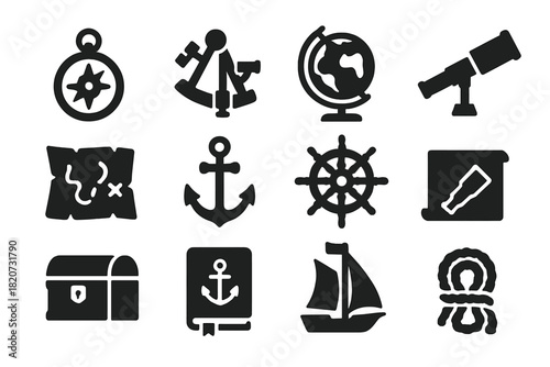 Navigation Icon Set. Solid style icons of exploration voyages: compass, sextant, globe, telescope, map, anchor, ship wheel, supply