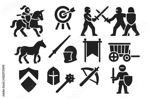 Medieval Game Icons. Solid style icons of medieval games: jousting knight, archery target, sword fight, horse, lance, tournament