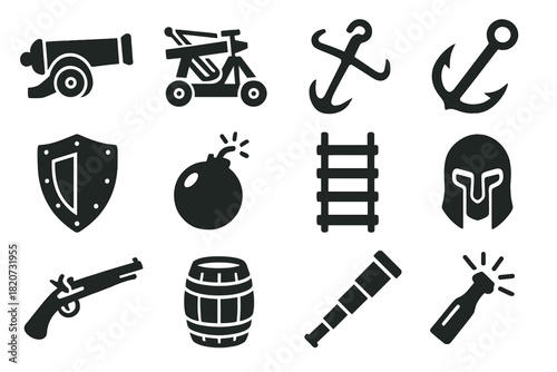 Naval Warfare Icons. Solid style icons of naval warfare equipment: cannon, ballista, catapult, grappling hook, armor shield, fire