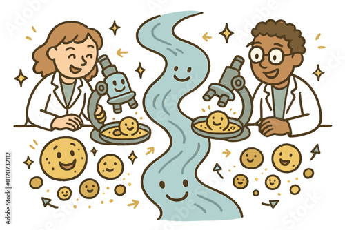 Cheerful Sediment Analysis. Joyful doodle river sediment lab with happy researchers, cartoon microscopes observing cheerful sand