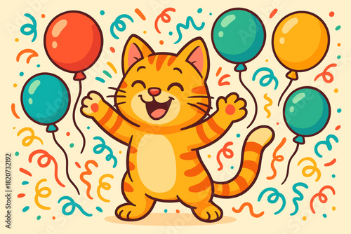 Cheerful Cat Celebration. Vibrant illustration of a cheerful cartoon vector illustration cat surrounded by colorful balloons and