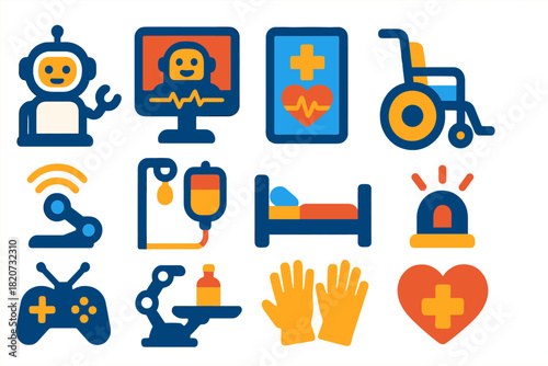 Modern Robotics Icons. Flat vector icons of Robotics in Patient Care: Robot Assistant, Monitor, Tablet, Wheelchair, Sensor, IV