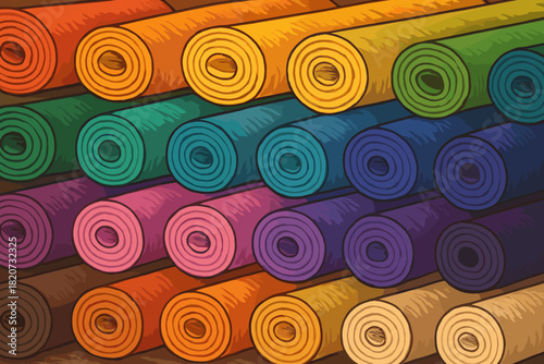 Vibrant Fabric Rolls. Rows of colorful rolls of fabric, soft lighting highlighting textures, vibrant yet harmonious tones, perfect