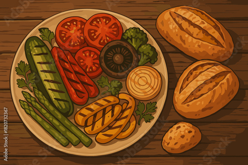 Gourmet Rustic Spread. Rustic wooden table with a gourmet assortment of grilled vegetables and artisan bread, rich natural tones,