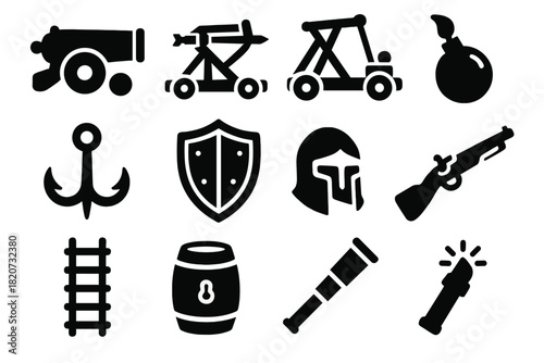 Naval Warfare Icons. Solid style icons of naval warfare equipment: cannon, ballista, catapult, grappling hook, armor shield, fire